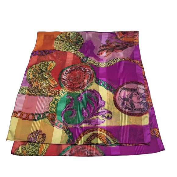 unknown Accessories - VTG Vibrant Colorful Mardi Gras Scarf Medallions Chains Scroll Purple Gold Green